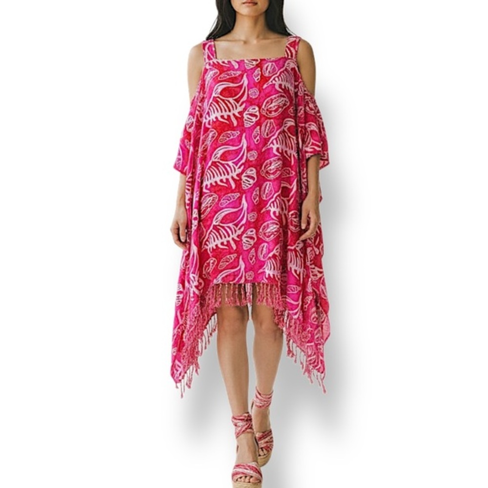 4/$20 Mango Tree Hawaii Pink Tropical Print Fringe Beach Cover Up One Size